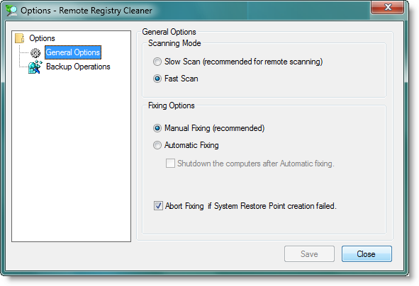 RemoteRegistryCleaner - General Options, Slow/Fast Scan, Manual/Automatic Fixing, Shutdown Computers After Scan Operations